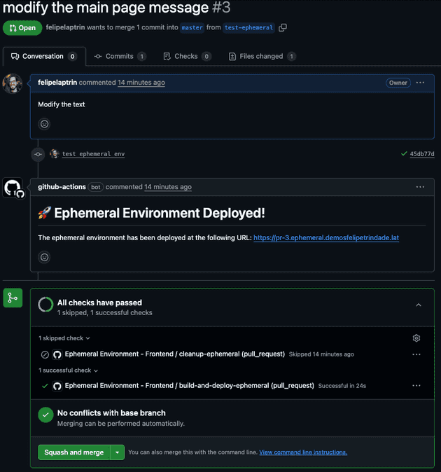 Screenshot of the Pull Request created by the developer with link to ephemeral environment