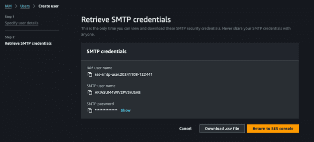 Step 3 to create SMTP credentials using AWS Console