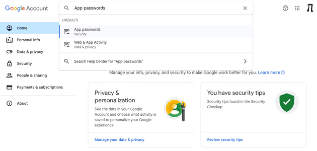 Google Setting App Passwords
