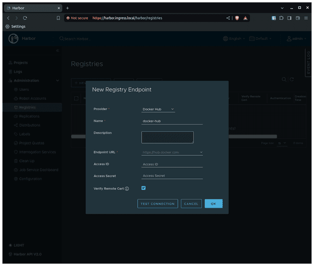 Screenshot of Harbor new Dockerhub endpoint