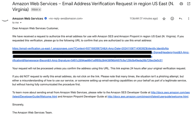 Screenshot of the confirmation email address sent by Amazon SES