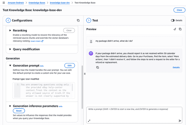 The screenshot shows the Amazon Bedrock Knowledge Bases test interface for a knowledge base named knowledge-base-dev, with configuration options on the left and a preview chat on the right answering a question about an item that didn't arrive.