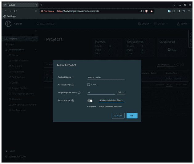 Screenshot of Harbor new proxy cache project