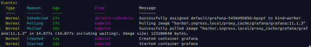 Output of describing the app-with-helm pod (Grafana). It shows that the image was successfully pulled from harbor.ingress.local/proxy_cache/grafana/grafana:11.1.3