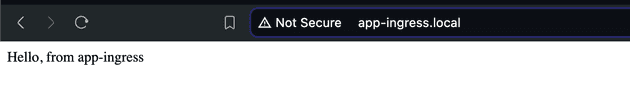 Screenshot of the browser accessing http://app-ingress.local/. The text says "Hello, from app-ingress"