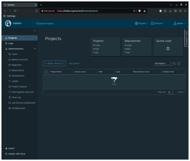 Screenshot of Harbor page after login