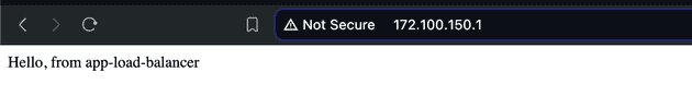 Screenshot of the browser accessing ip 172.100.150.1. The text says "Hello, from app-load-balancer"