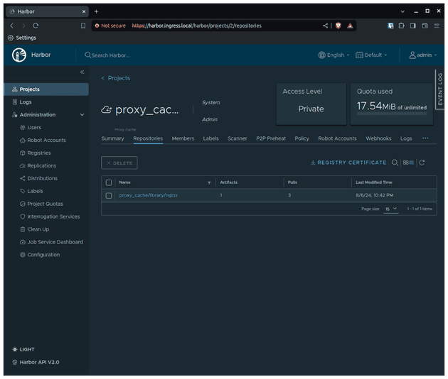 Screenshot of Harbor UI showing that there is a registry called proxy_cache/library/nginx