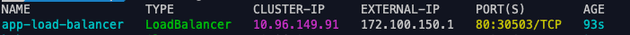 Screenshot showing kubectl output of command "kubectl get service -n default". It shows app-load-balancer service with external IP assigned by MetalLB