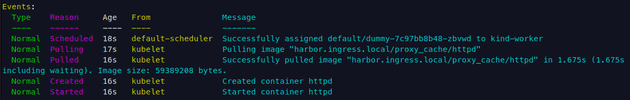 Output of describing the httpd pod. It shows that the image was successfully pulled from harbor.ingress.local/proxy_cache/httpd