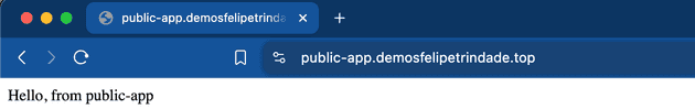 Screenshot of public-app.demosfelipetrindade.top showing that the access is correct and the message "Hello, from public-app" is displayed