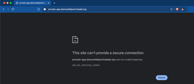 Screenshot of browser trying to access private-app.demosfelipetrindade.top but it is unable to access