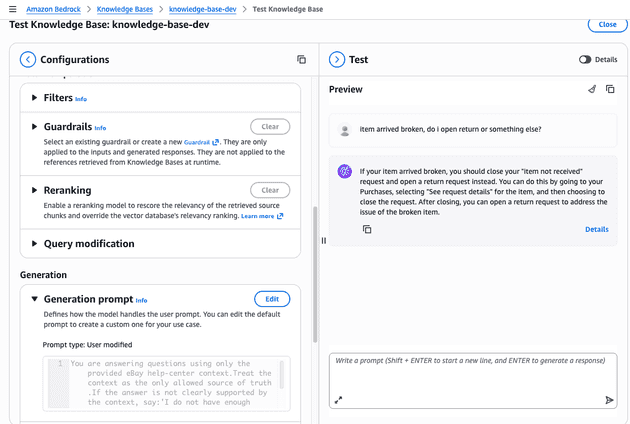 The screenshot shows the Amazon Bedrock Knowledge Bases test interface for a knowledge base named knowledge-base-dev, with configuration options on the left and a preview chat on the right answering a question about a broken item return.