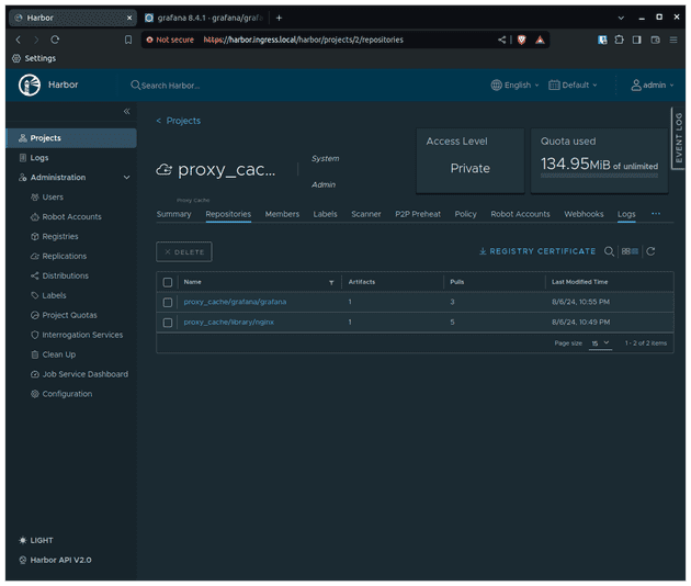 Screenshot of Harbor UI showing that there is a registry called proxy_cache/library/nginx