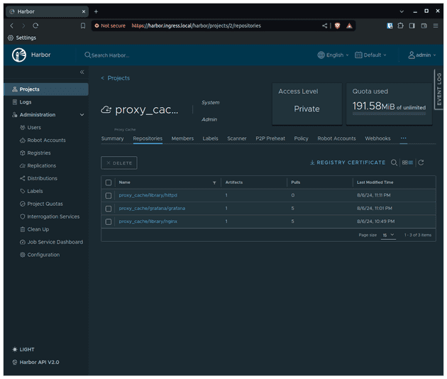 Screenshot of Harbor UI showing that there is a registry called proxy_cache/library/httpd