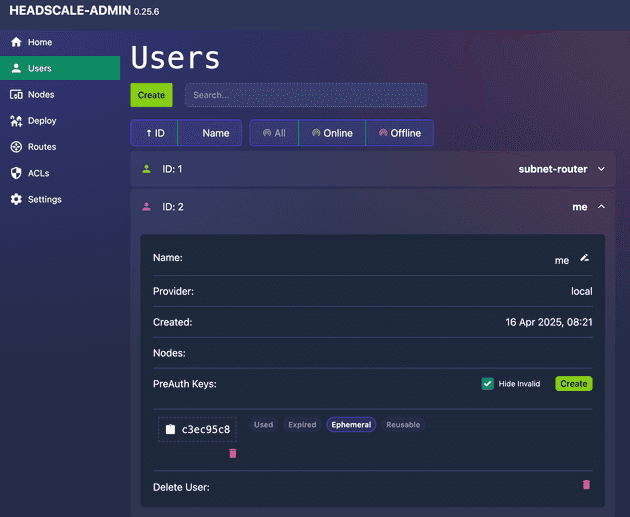 Screenshot creating user in Headscale Admin panel