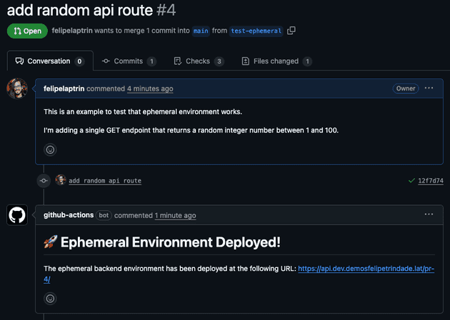Screenshot of the Pull Request created by the developer with link to ephemeral environment