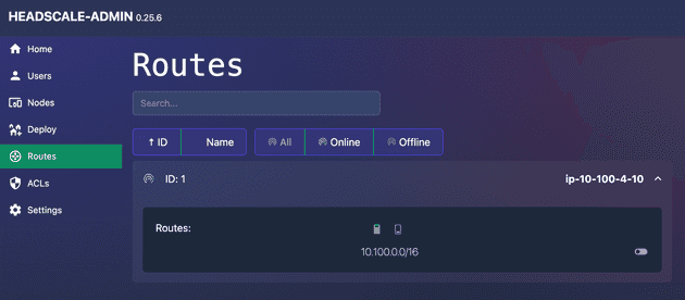 Screenshot of Routes allowed by Headscale