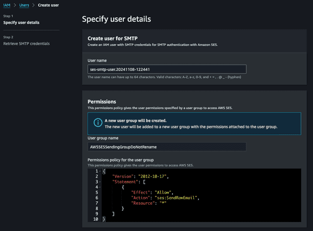 Step 2 to create SMTP credentials using AWS Console